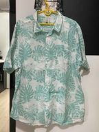 Y Koszula hawajska George biała zieleń liście palm kieszeń bawełna duża 2XL