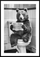 A2 CZARNO-BIAŁY PLAKAT DO ŁAZIENKI TOALETY ZABAWNY NIEDŹWIEDŹ Z GAZETĄ