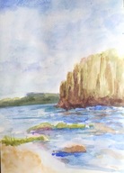 Akwarela, obraz, obrazek, klif, pejzaż