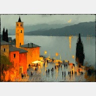 Stare miasto jezioro góry ludzie abstrakcja obraz olejny na płótnie 50x70