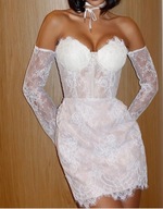 Sukienka koronkowa biała ślubna mini długi rękaw koronka