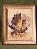 Chińska dżonka na spokojnych wodach - ręcznie malowany obraz olejny