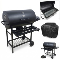 GRILL WĘGLOWY OGRODOWY ŻELIWNT RUSZT BECZKA Z POKRYWĄ TERMOMETR + POKROWIEC
