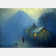 Dom noc światło jezioro góry zima niebieski fantasy tajemniczo obraz 55x80