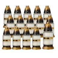 ELEGANCKI ZNICZ SZKLANY 20 CM BIAŁY ZE ZŁOTYM WYKOŃCZENIEM KAPLICZKA 18H