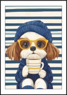 A2 59,4x42 PLAKAT OBRAZ PIES UROCZY SHIH TZU W CZAPCE Z KUBKIEM KAWY