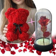 Różany miś + Wieczna Róża Dekoracja kwiatów Prezent Walentynki LED ZESTAW