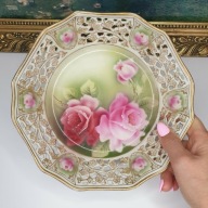 Antyczna porcelanowa patera ażurowa z różami – Anglia – złocenia – 21 cm