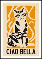 A2 KOLOROWY OBRAZ PLAKAT Z KOTEM BIAŁO-CZARNY KOT NA ŻÓŁTYM TLE, CIAO BELLA