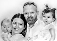 Portret rodzinny A2 ręcznie rysowany ze zdjęcia 4 osób prezent parapetówka