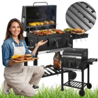 GRILL OGRODOWY WĘGLOWY DUŻY ŻELIWNY RUSZT CZARNY NA KÓŁKACH PÓŁKI TERMOMETR