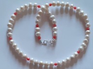 Retro*białe,słodkowodne perły,różowy, fasetowany koral,srebro925