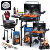 GRILL WĘGLOWY OGRODOWY DUŻY Z POKRYWĄ NA KOŁACH TERMOMETR + GRATIS RĘKAWICA
