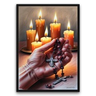 PLAKAT RELIGIJNY W RAMCE – DŁOŃ TRZYMAJĄCA RÓŻANIEC (50x70cm)