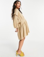 M A N G O oversize babydoll sukienka balonowe bufki beżowa karmelowa boho