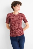 T-shirt damski czerwony ciemnoczerwony regular fit w cętki rozmiar S