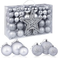 BOMBKI CHOINKOWE na CHOINKĘ ZESTAW XXL SREBRNE 100 szt 6/ 4/ 3 cm + GWIAZDA