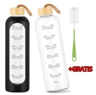 SZKLANA BUTELKA BIDON NA WODĘ 1L ZE SKALĄ CZASU BAMBUSOWA ZAKRĘTKA + GRATIS