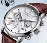 LIGE Zegarek męski kwarcowy chronograf datownik skóra elegancki z pudełkiem