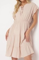 Beżowa Sukienka z Gumką w Pasie Ozdobiona Falbanką M / L