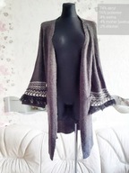 KARDIGAN FRĘDZLE BOHO SZARY NORWESKI PEREŁKI MAXI WEŁNIANY ciepły zdobiony