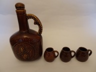 Karafka ceramiczna i 3 kieliszki, ceramika Prl, karafka i kieliszki