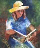 =Obraz=ZABAWA ,lato=poranek= AKRYL NA PŁÓTNIE=czytelniczka=