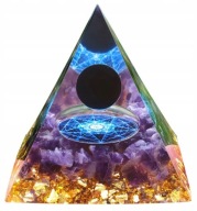 PIĘKNA PIRAMIDA ORGONIT AMETYST OBSYDIAN ZŁOTA FOLIA SYMBOL PENTAGRAM 5 cm