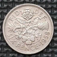 *WIELKA BRYTANIA [0841] *SIX 6 PENCE 1958 *Elizabeth II, Róża Tudorów, oset