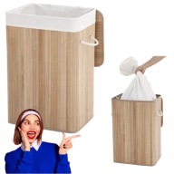 KOSZ NA PRANIE BAMBUSOWY Z POKRYWKĄ WOLNOSTOJĄCY SKŁADANY ECRU DUŻY 72L