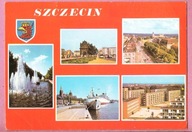 Pocztówka Szczecin 1986, aleja fontann, Brama Portowa, Wały Chrobrego, Odra