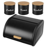 CHLEBAK NA PIECZYWO POJEMNIK CZARNY METALOWY + POJEMNIKI KAWA CUKIER 3 SZT