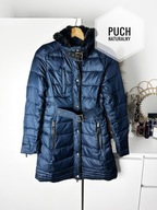 Granatowa pikowana puchowa kurtka płaszcz Stradivarius z futerkiem pasek S