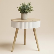 Stolik podnoszony okrągły biały z drewnianym blatem