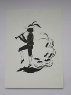 Bajka Szczurołap (Flecista) stara poczt. Czarna wycinanka, cięcie nożycowe