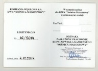 Legitymacja odznaki Zasłużony Pracownik KWK Sośnica-Makoszowy