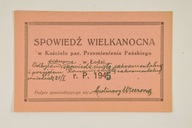 ŁÓDŹ KARTKA DO SPOWIEDZI 1945 r. KOŚCIÓŁ PRZEMIENIENIA PAŃSKIEGO