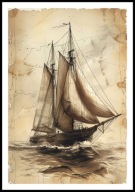 A2 PLAKAT RYSUNEK SZKIC VINTAGE RETRO DAWNY OKRĘT NA MORZU ŻAGLOWIEC STATEK