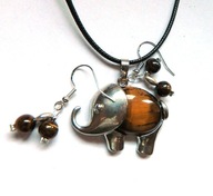 Brązowe tygrysie oko magiczny kamień, wisiorek słoń i kolczyki, zestaw