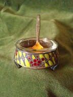 Stara rosyjska emaliowana solniczka z łyżeczką