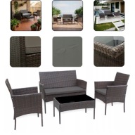 MEBLE OGRODOWE RATTANOWE ZESTAW BRĄZOWY DLA 4 OSÓB SOFA + STOLIK + FOTELE