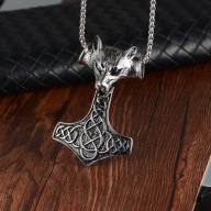 NASZYJNIK MLOT THORA Z GLOWA WILKA,CELTYCKI WZOR STAL SZLACHETNA
