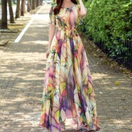 SUKIENKA boho maxi szyfonowa różowa abstrakcje