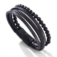 Czarna Bransoletka Męska Kamienie i Pleciona Skóra + Magnes Skórzana Opaska