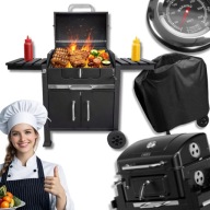 GRILL WĘGLOWY OGRODOWY ŻELIWNY DUŻY RUSZT Z POKRYWĄ TERMOMETR + POKROWIEC