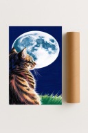 Plakat bez ramy 50x70cm Kot wpatrzony w księżyc – zwierzęta, noc, dekoracja