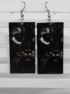 Kolczyki Smutny kot czarny polujący decoupage prostokąty grafika Handmade