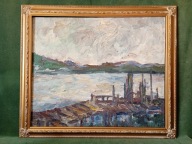 Burza nad jeziorem - stary obraz olejny ręcznie malowany na płótnie