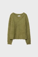 Stradivarius sweter zielony chunky gruby oversize serek boho oliwkowy khaki