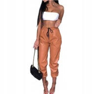 Spodnie skórzane camel brązowe ściągacze 38